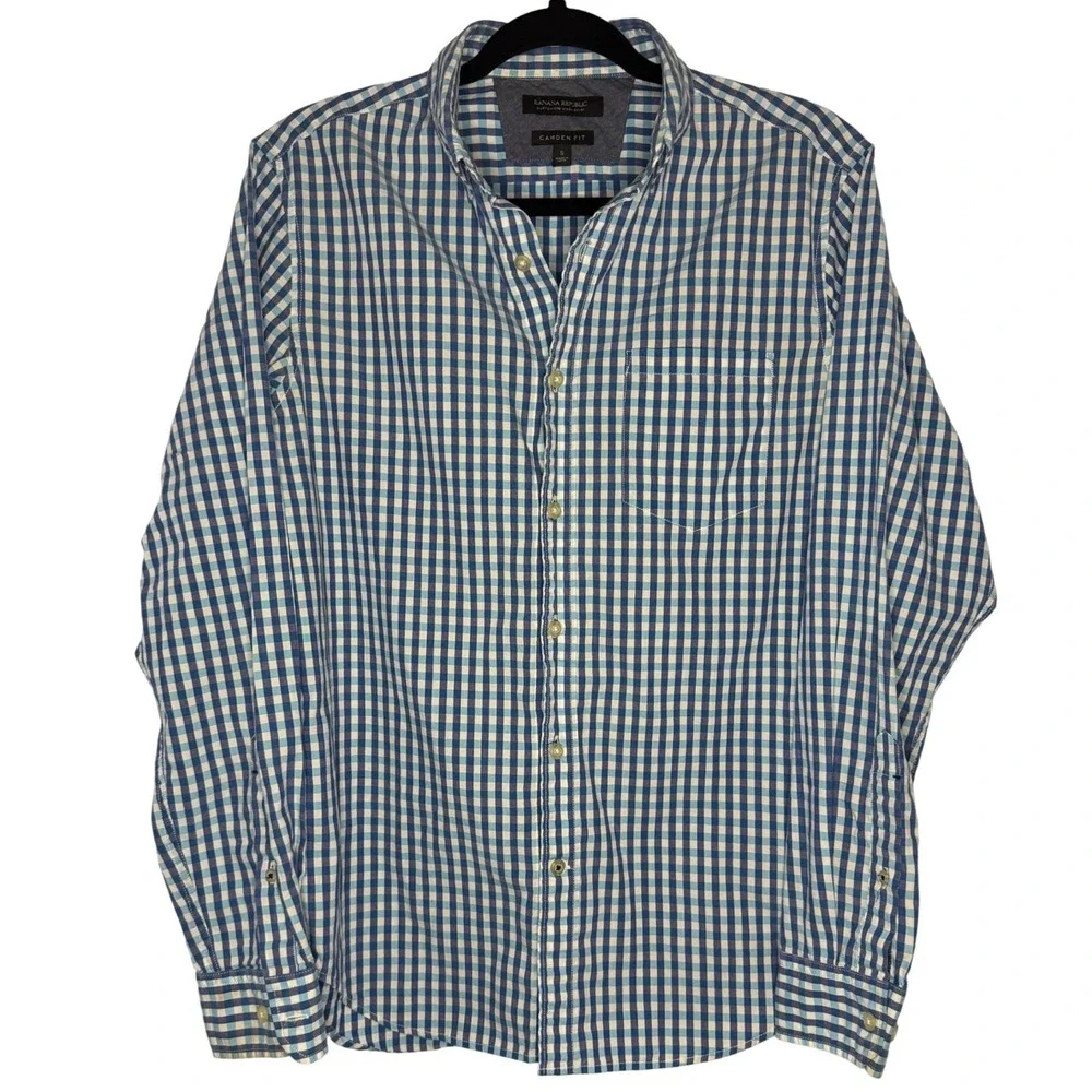 Banana Republic Shirt Mens Small Blue Gingham Camden Fit Custom Wash Long Sleeve